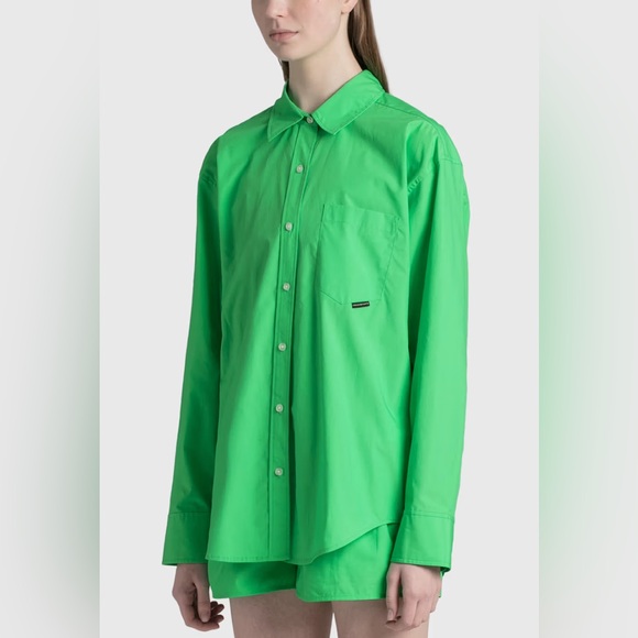 T by Alexander Wang Boyfriend Button Up Shirt Bright Green Poplin Oversized - Picture 6 of 11